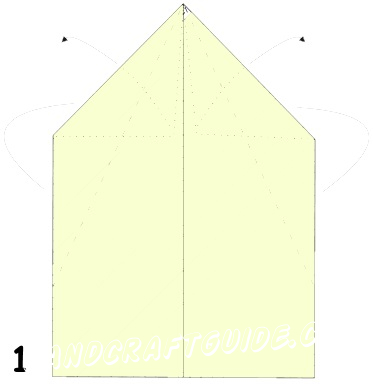 Paper positioned vertically on a table, fold it in half longitudinally, smoothly fold by arm to indicate the axial center line. Then deploy. As in many previous models, it is necessary to wrap up the two upper corners of the paper sheet to the center to make a triangle. Then turn the workpiece to the other side (Fig. 1).